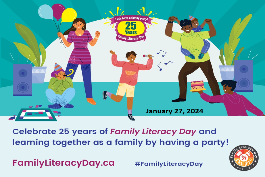 Family Literacy Day Image of a family in the living room have a reading party.